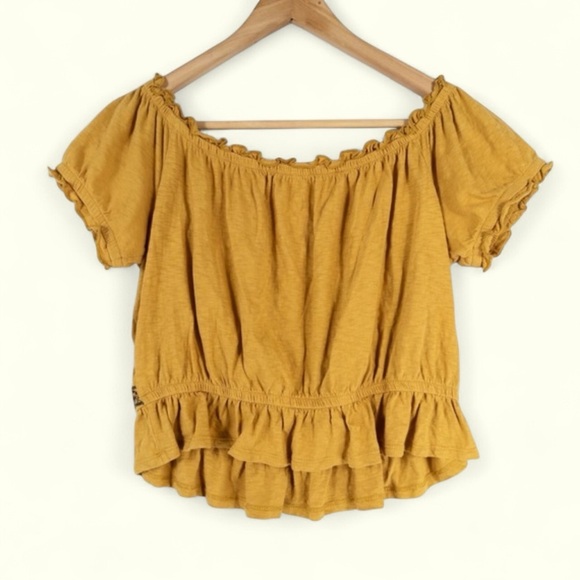 American Eagle Crop Top Yellow Embroidered Off Shoulder Cottagecore Boho Size XS - Picture 2 of 7